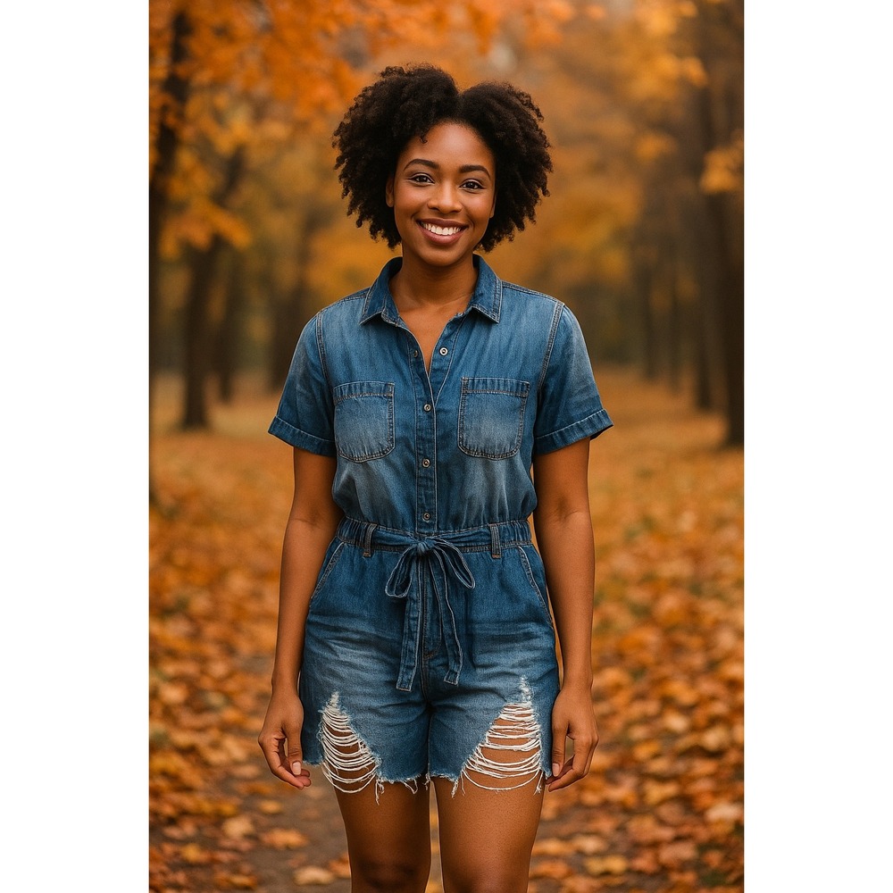 GeeGee Jean Denim Romper Medium Wash Distressed Short Sleeve Utility Jumpsuit L